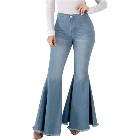 Pants - Light Wash Bell Bottom Jeans High Waist Raw Hem Extra Flare Jeans Denim Pants